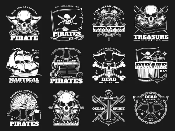 海盗和宝物狩猎骷髅图标与剑 交叉骨头和旗帜矢量符号 有船舶锚的加勒比海探险图标 罗杰骷髅和戴着船长帽的海盗 — 图库矢量图片