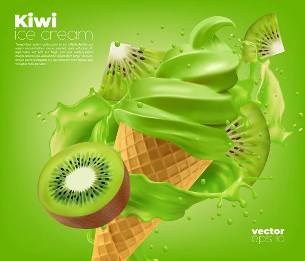 Kiwi Softeisdose Mit Spritzer Fruchtsauce Milch Und Beerenscheiben Vector Waffelkegel — Stockvektor