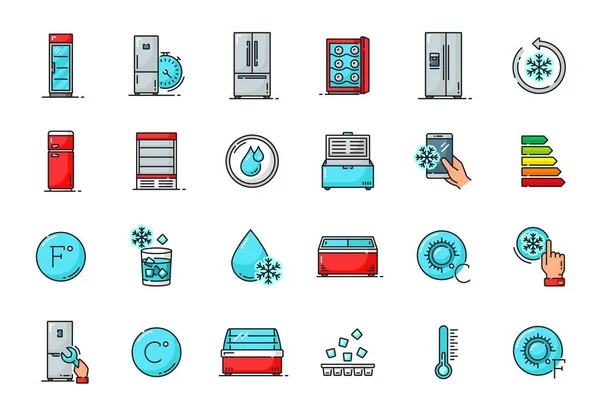 Heladera Congelador Esbozan Iconos Símbolos Almacenamiento Refrigerador Comercial Equipo Enfriamiento — Vector de stock