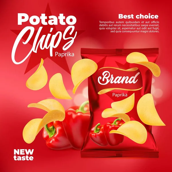 Realistische Paprikageschmack Kartoffelchips Snacks Lebensmittelverpackung Vektorschablone Kartoffelchips Spritzer Und Rote — Stockvektor