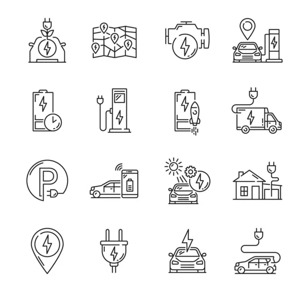 Electric Car Charge Outline Icons Vehicle Station Battery Plug Vector — Stock Vector