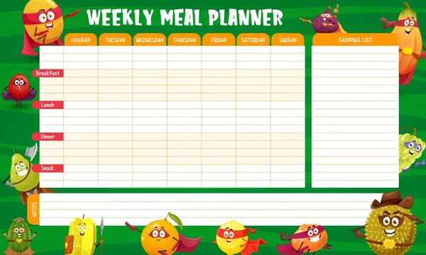 Wöchentlicher Mahlzeitenplaner Vektor Mit Cartoon Frucht Superhelden Und Verteidigerpersönlichkeiten Checkliste — Stockvektor