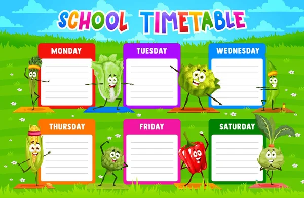 Timetable Schedule Cartoon Vegetables Yoga Fitness Vector Template Educational School — Stock Vector