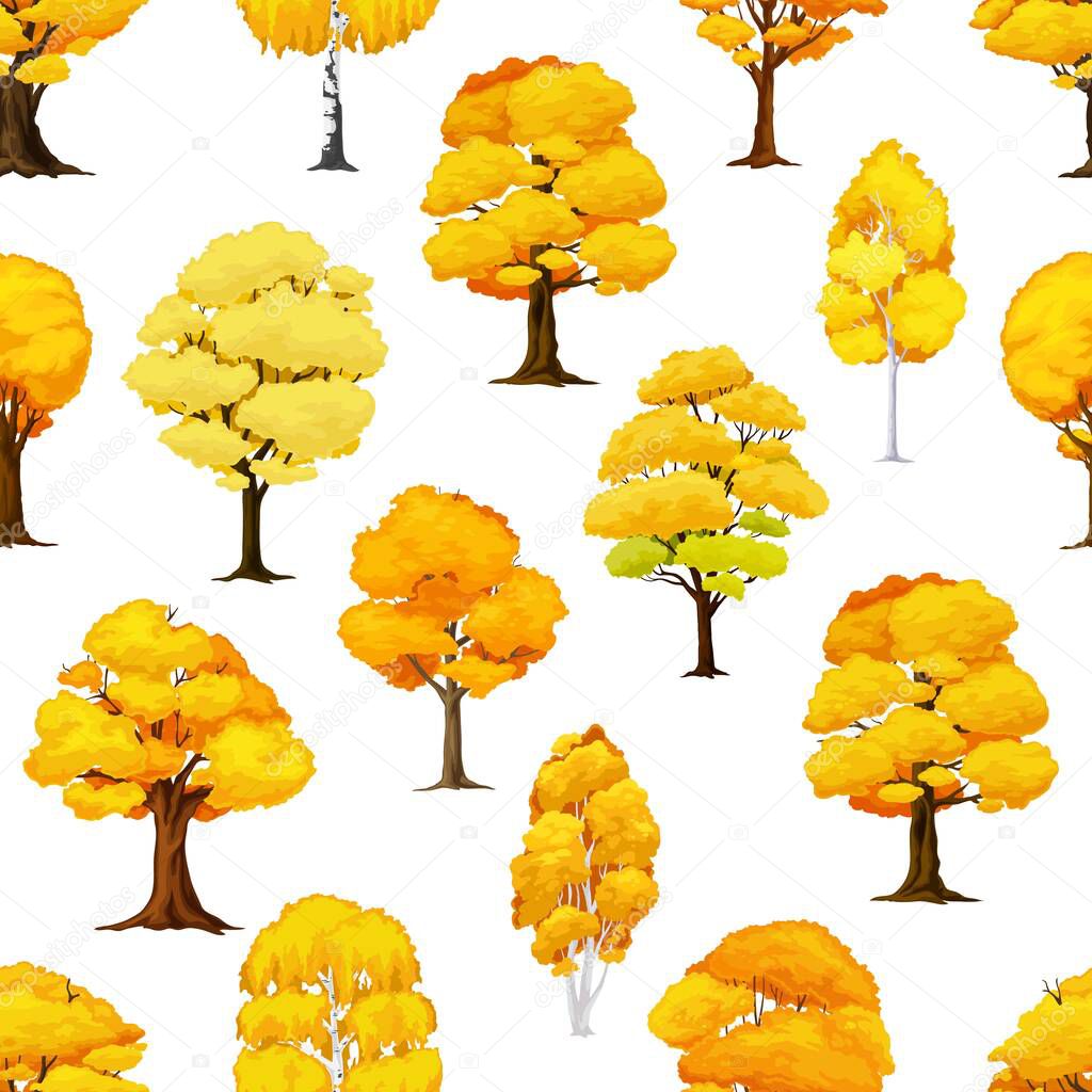 Cartoon autumn tree seamless pattern. October defoliation background, autumn seamless pattern with oak, birch and maple, ash trees. Forest trees with autumn yellowed leaves wallpaper, fabric print