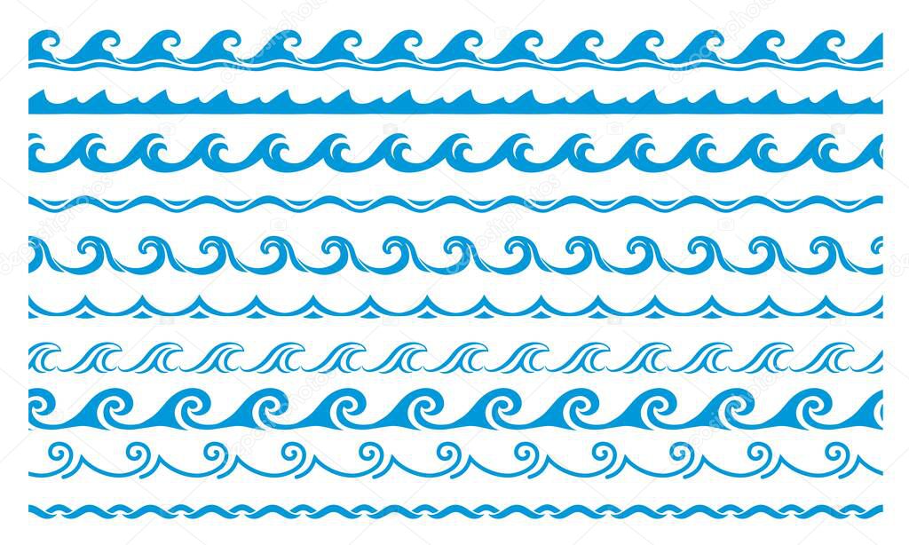 Sea and ocean blue wave line. Water surf borders and frames. Blue wave, river water flow frame divider with wave pattern. Ocean water frame vector separators or dividers