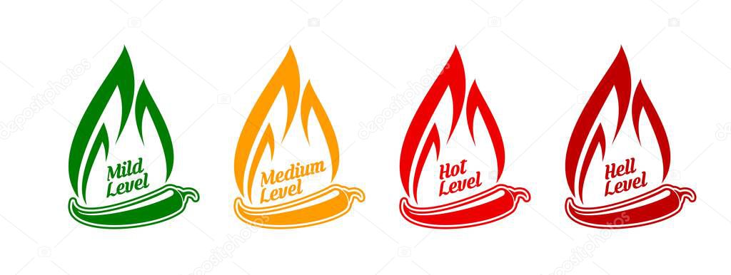 Spicy level labels with flames and hot chili peppers. Vector food, chilli sauce or spice scale from extra hot, medium to mild levels. Red chili or cayenne, yellow habanero and green jalapeno with fire