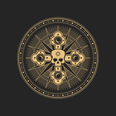 Güçlü bir haçın içindeki gizemli vektör kafatası ve içinde yıldız ışınları olan dairenin içindeki ay hilâlleri. Simya işareti, mistik mason veya tarot sembolü, tılsım veya tılsım, dövme.