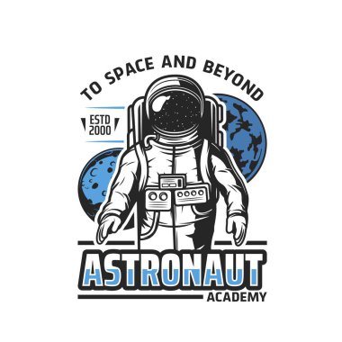 Uzay gezegenleri ve uzay adamlarının astronot akademisi vektör ikonu. Astronomi bilimi eğitimi uzay giysisi ve miğfer takan astronotlar, galaksi evreni Dünya, Ay, yıldızlar ve asteroitler ile izole edilmiş sembol.