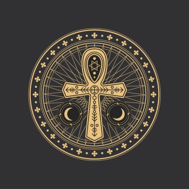 Mısır ankh 'lı pentagram okült çember sembolü, ezoterik büyü ve tarot, vektör Mısır haçı. İlluminati yıldızı ve okült ayin sembollü okültizm pentagramı.