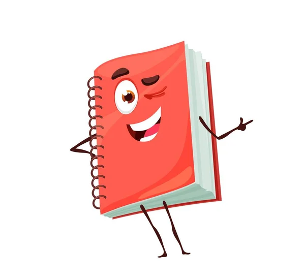 漫画面白い赤いノートブックキャラクター スパイラルウインク目と手で指して幸せなベクトル日記 かわいい学生やオフィスの供給 挨拶の性格 孤立した陽気なスケッチブックやプランナーマスコット — ストックベクタ