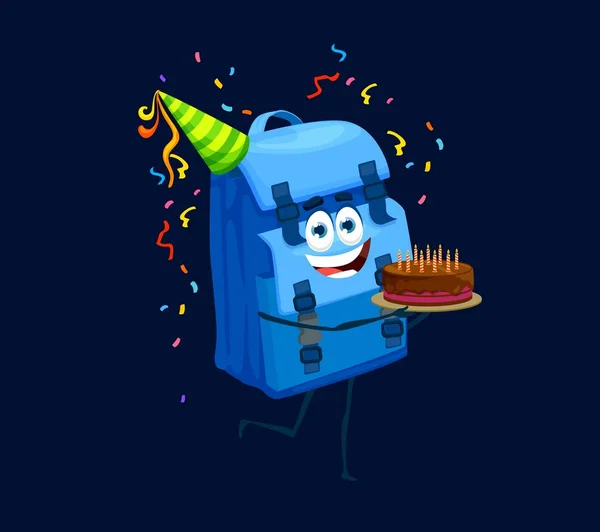 Holiday birthday celebration, cartoon schoolbag character. Funny vector backpack with smiling face wear festive hat carry cake with candles. Student rucksack, knapsack accessory celebrate anniversary