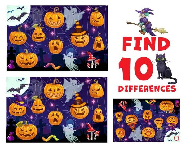 Trouvez Dix Différences Citrouilles Halloween Quiz Recherche Différence Feuille Travail — Image vectorielle