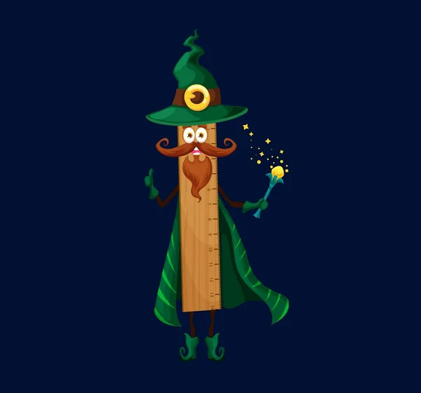 Cartoon School Wooden Ruler Mage Wizard Warlock Character Isolated Vector — Stock Vector
