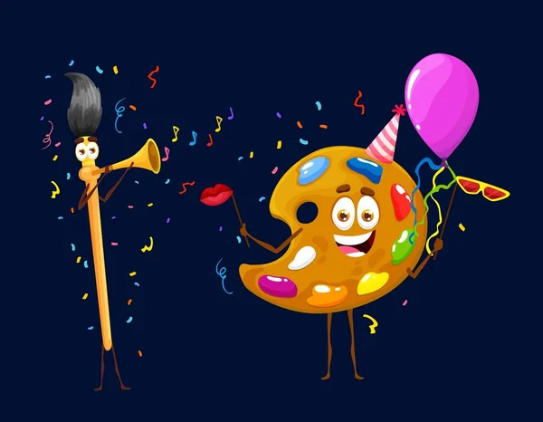 Geburtstagsfeier Zeichentrickfiguren Mit Pinsel Und Farbpalette Vereinzelte Vektor Künstler Feiern — Stockvektor