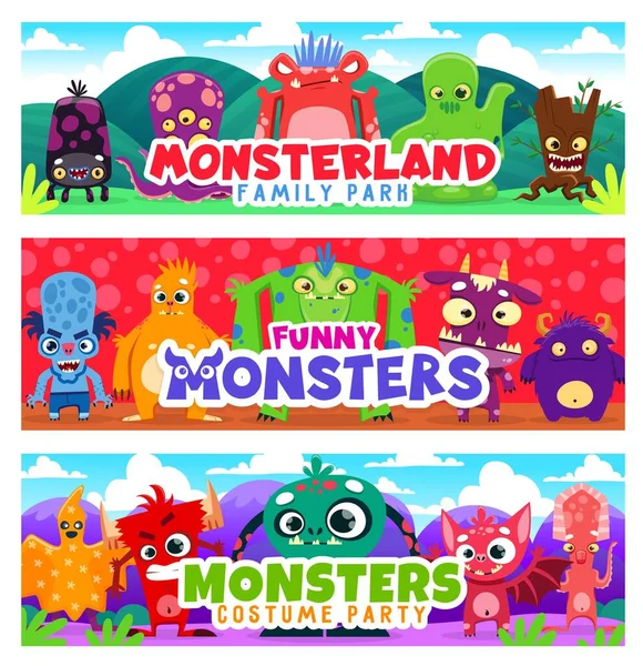 Cartoon Monster Characters Horizontal Vector Background Banner Five Eyed Octopus — Stock Vector