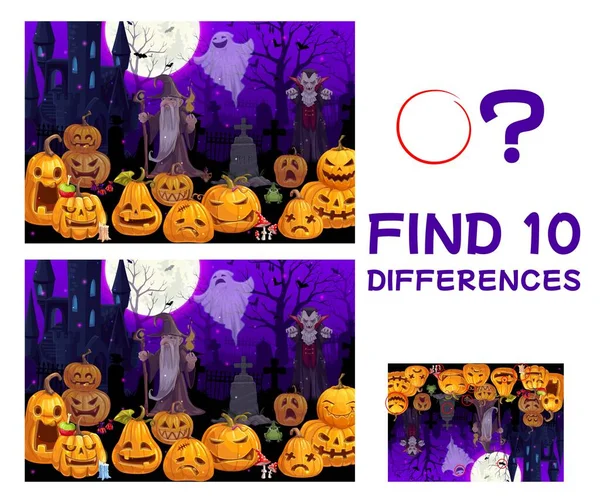 Encuentra Diez Diferencias Linternas Calabaza Halloween Dibujos Animados Cementerio Nocturno — Vector de stock