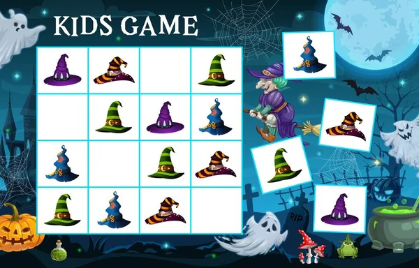 Jogo Sudoku Halloween Chapéus Bruxa Paisagem Cemitério Castelo Crianças Jogo — Vetor de Stock