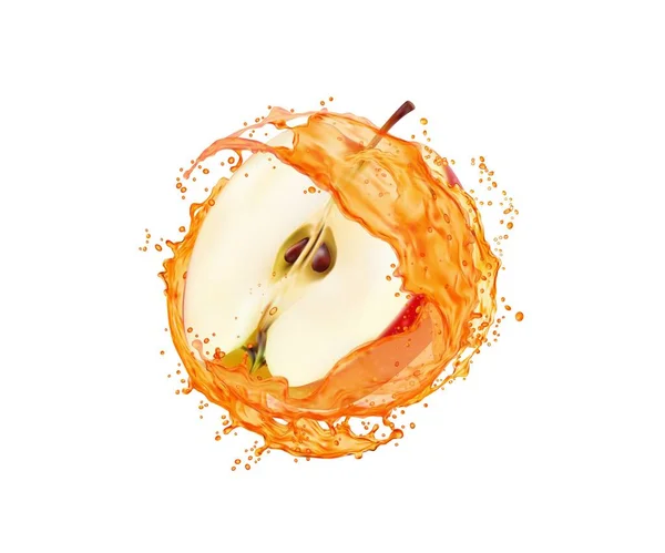 Apfelfruchtscheibe Mit Saftspritzer Vitaminsaftige Drinks Wirbeln Oder Wirbeln Mit Tröpfchen — Stockvektor