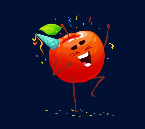Vakantie Verjaardagsfeest Cartoon Rode Appel Karakter Vector Grappige Fruit Personage — Stockvector