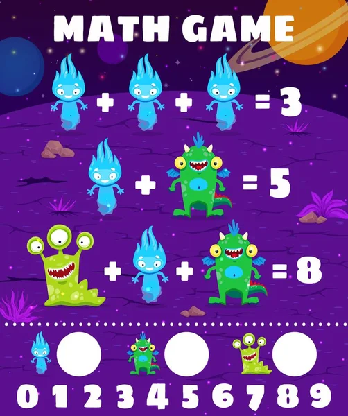 Wiskundewerkblad Cartoon Ruimte Buitenaardse Monster Personages Kind Wiskunde Spelen Activiteit — Stockvector
