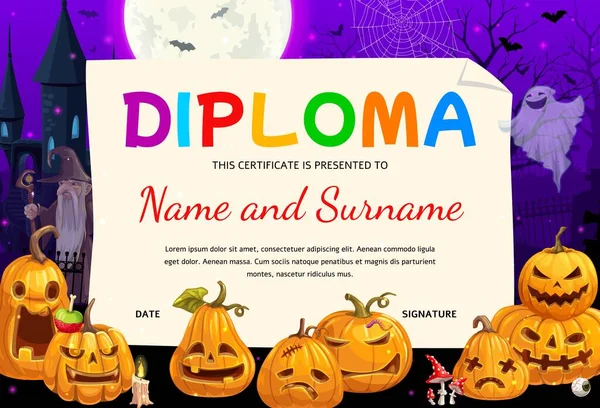 Diploma Bambini Cartone Animato Divertente Zucca Halloween Lanterne Fantasma Mago — Vettoriale Stock
