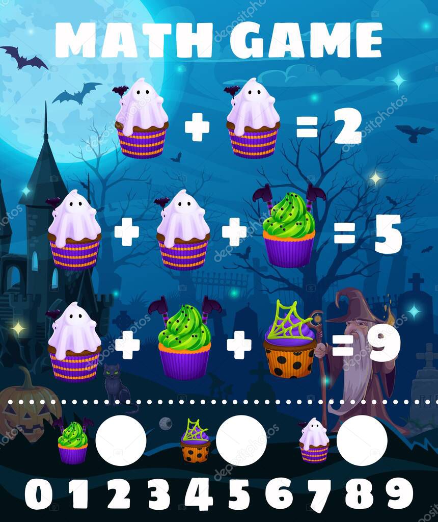 Math game worksheet. Cartoon Halloween desserts and cupcakes. Child math quiz or kids education addition playing activity vector worksheet with Halloween desserts, creepy cupcakes and ghost muffins