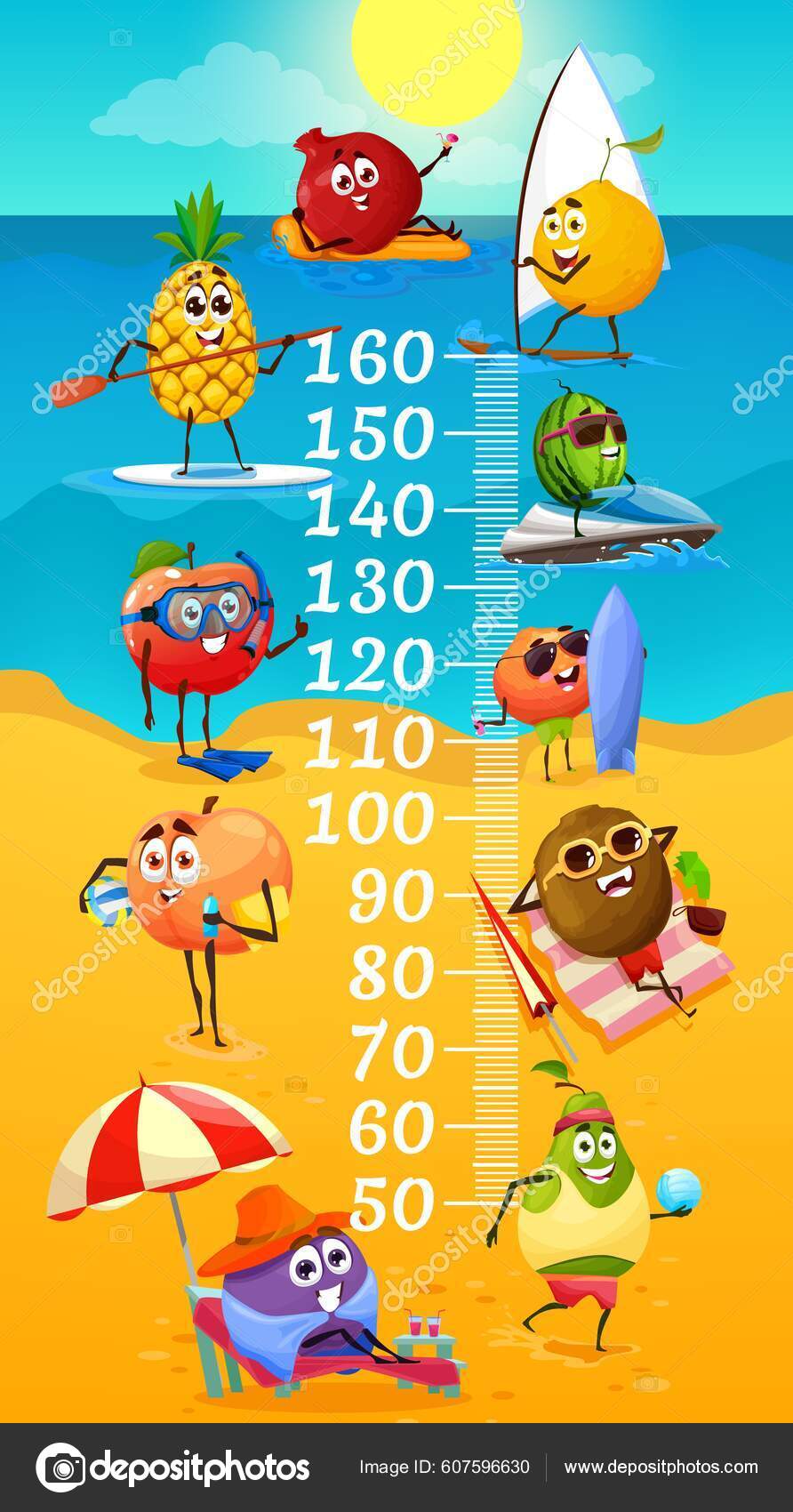 Kids Height Chart Funny Fruits Summer Beach Leisure Vector Growth