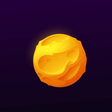 Kraterleri olan turuncu lav uzay gezegeni. Kozmosta düz olmayan göktaşı taşıyıcısı. Çizgi film ayı, astronomi küresi, evrende parlayan dünya. Ui oyun fantezi kuyruklu yıldızı, meteor izole edilmiş parlak nesne