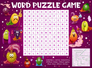 Çizgi film meyve büyücüsü, büyücü, sihirbaz ve büyücü kelime araması yapboz oyunu, test sistemi. Vektör durian, üzüm, armut ve incir, feijoa, kavun, papaya, carambola, lichi, mandarin