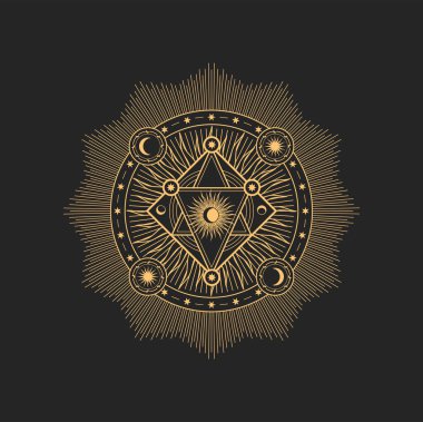 Esrarengiz bir sembol, ay ve yıldızlı sihirli tılsım, güneş okültizmi. Vektör simya sihirli işareti, masonik ya da mason mistik muskası.