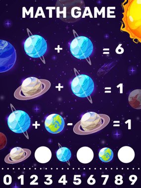 Matematik oyun çalışma tablosu. Çizgi film galaksisi uzay gezegenleri ve yıldızları. Toplama ve çıkarma görevleri olan çocuk eğitim bulmacası, güneş sistemi Dünya ve Satürn gezegenleri ile çocuklar bilmece ya da matematik vektörü testi