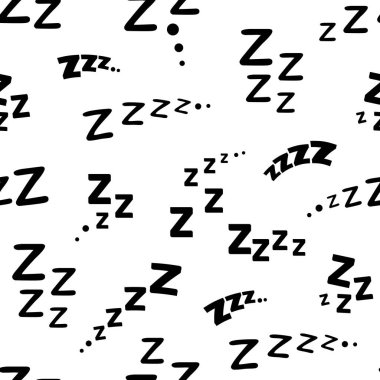 Zzz, zzzz yatağı. Uyku horlaması kusursuz bir desen. Uyku, rüya, uyku ya da dinlenme ses efektleri vektör arka planı tek renkli onomatopoeia işareti z beyaz fon üzerinde horlama ya da apne sesleri