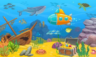 Underwater game level landscape. Sunken ship, whale, submarine, turtle and fish shoal, treasure chest and seaweed. Cartoon vector underwater ocean world background with shipwreck boat and loot trunk clipart