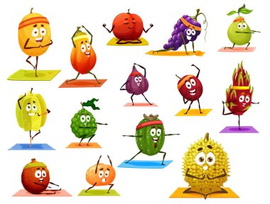 Çizgi film, yoga, pilates fitness sporlarındaki meyve karakterlerini izole ediyor. Kavun, mango ve üzüm, guava, karambola ve bergamot, portakal, kivi ve liçi, portakal, durian ve pitaya yoga minderi üzerinde egzersiz yapıyor.