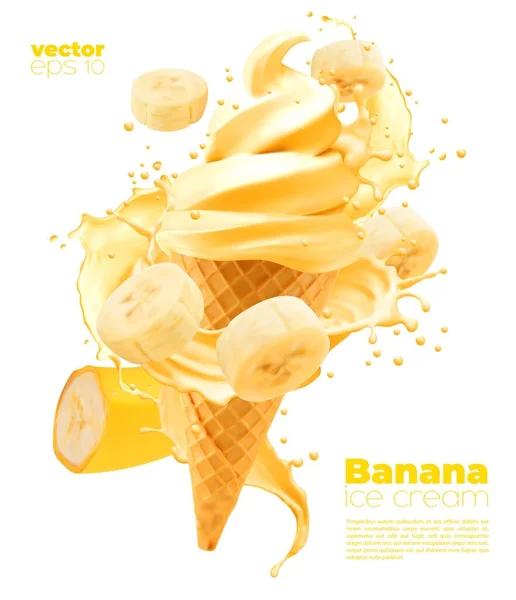 Isolated Banana Soft Ice Cream Cone Splash Vector Realistic Icecream — Stock Vector