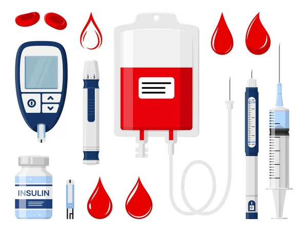 Diabete Donazione Sangue Iniezione Insulina Icone Mediche Vettoriali Test Diabetici — Vettoriale Stock