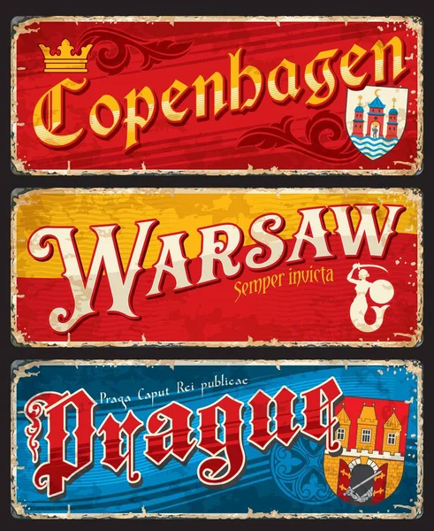 Kopenhag Varşova Prag Şehir Seyahat Etiketleri Plakalar Vektör Teneke Işaretleri — Stok Vektör