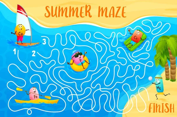 Labyrinth Maze Cartoon Vitamin Mineral Characters Beach Vacation Kids Game — Stock Vector