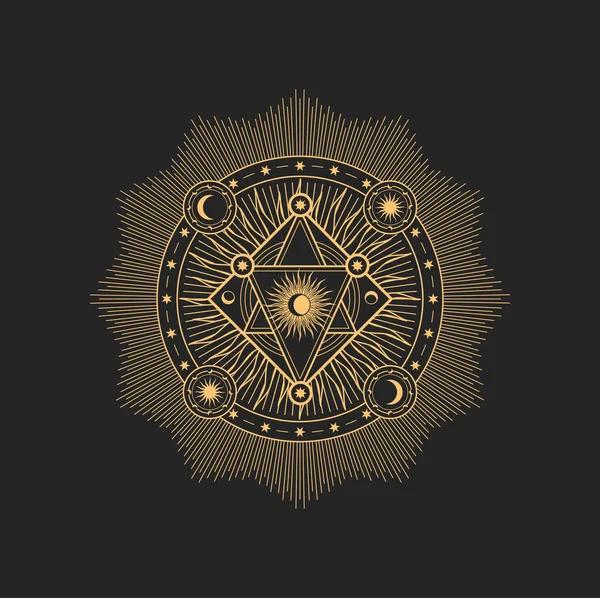 Esrarengiz bir sembol, ay ve yıldızlı sihirli tılsım, güneş okültizmi. Vektör simya sihirli işareti, masonik ya da mason mistik muskası.