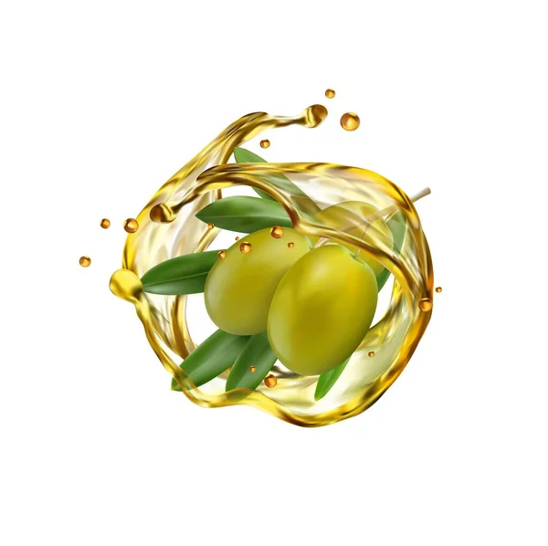 Aceitunas Realistas Gotas Aceite Vectores Frutas Oliva Verdes Flujo Salpicaduras — Vector de stock