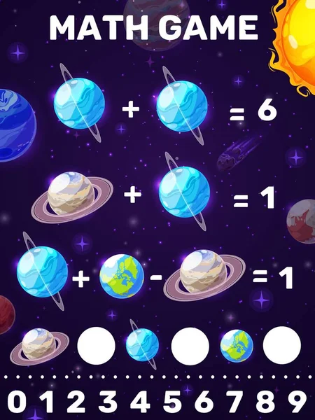 Arkusz Zadań Matematycznych Planety Gwiazdy Kosmiczne Galaktyki Kreskówek Dzieci Puzzle — Wektor stockowy