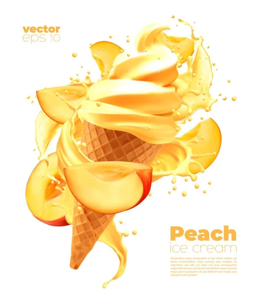 Isolated Peach Soft Ice Cream Cone Fruit Splash Vector Realistic — Stock Vector