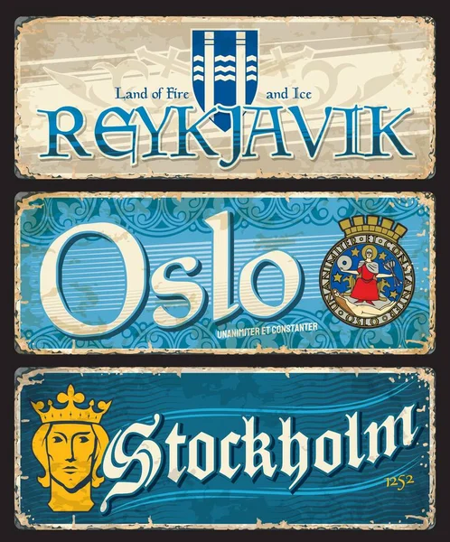 奥斯陆 斯德哥尔摩 雷克雅未克市旅游贴纸和车牌 病媒锡标志 瑞典和冰岛首都城市老式旅游横幅 斯堪的纳维亚目的地行李标签和贴纸 — 图库矢量图片
