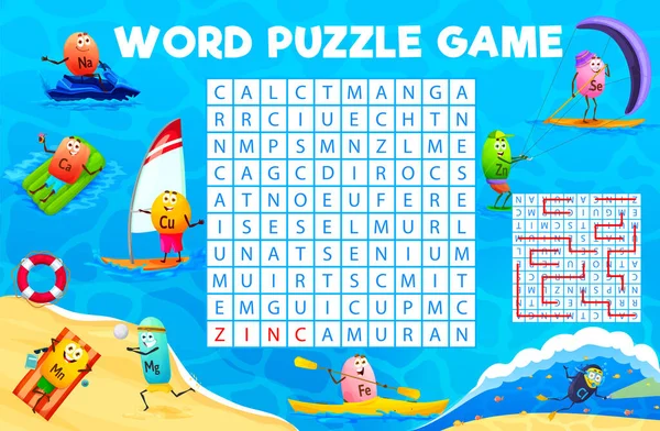 Wortsuche Puzzle Spiel Von Cartoon Vitamin Und Mineralstofffiguren Strandurlaub Kinder — Stockvektor