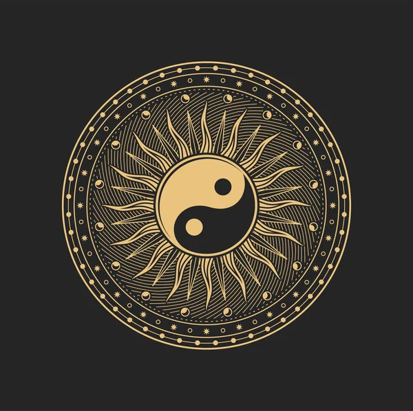 カルト密教のシンボルは 黄金の円で仏教の陰陽記号 ベクトル太陽と月 風水と禅仏教の八卦陰陽記号のタロット 魔法と神聖な 幾何学や精神的なバランスのシンボル — ストックベクタ