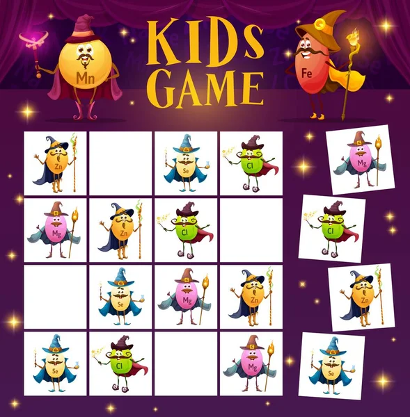 Sudoku Játék Mikrotápanyagok Varázsló Mágus Karakterek Vektor Kvíz Munkalap Kids — Stock Vector