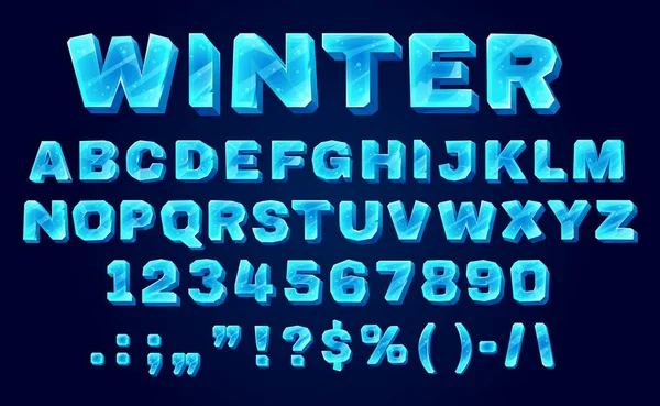 冰晶字体 字母表卡通矢量Abc字母 蓝色大写字母 数字和符号 冬冻英式或拉丁式字体 孤立的排版 — 图库矢量图片