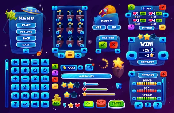 Galaxy Spazio Interfaccia Gioco Pulsanti Gioco Elementi Gioco Gui Asset — Vettoriale Stock