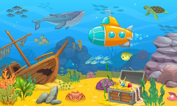 Paisaje Submarino Nivel Juego Buque Hundido Ballena Submarino Cardumen Tortugas — Vector de stock