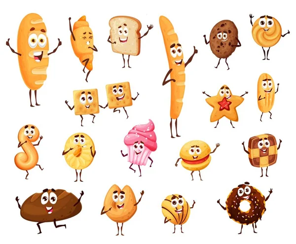 Pão Pastelaria Doces Desenhos Animados Personagens Engraçados Padaria Vetor Bolo —  Vetores de Stock